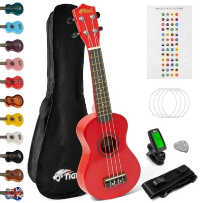 Image of TIGER UKEKIT RD Soprano Ukulele for Beginners includes Gig Bag, Felt Pick, Spare Set of Strings Now Equipped with Aquila Red
