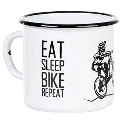 Image of Mountain Bike MTB Enamel Mug with Cool Biker Design EAT Sleep Repeat Light and Robust by MUGSY.de