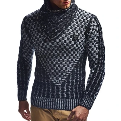 Image of Leif Nelson Men&#039;s Pullover Knit Sweater Chunky Shawl Collar LN 5255 Black Ecru Medium