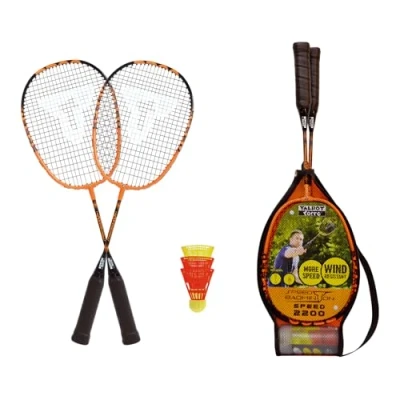 Image of Talbot Torro Speed 2200 Badminton ​Set, 2 Lightweight Rackets, Wind Resistant Shuttlecocks, in a 3/4 Bag, Also for Kids, Black/Orange, 490112