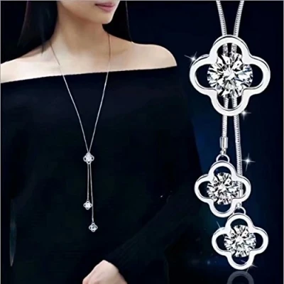 Image of Women Long Adjustable Sweater Chain Female Fashion Flower Necklace Pendant Clothing Accessories