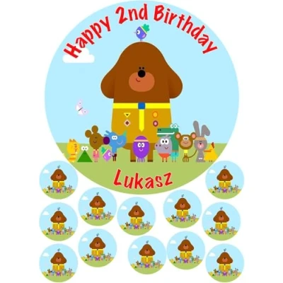 Image of Hey Duggee 19 cm Round Fondant Icing Edible Cake Topper &amp; 12 x 3.8cm Toppers (Birthday Pack)