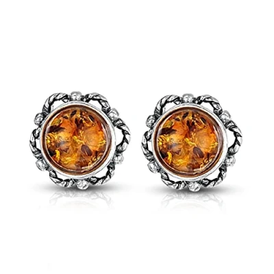 Image of Amberta 925 Sterling Silver with Baltic Amber Stud Round Earrings Honey Colour