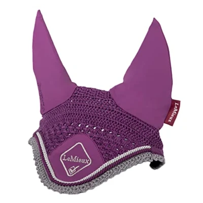 Image of LeMieux Classic Crochet Fly Hood with Comfortable Lycra Ears in Plum Sport Horse Wear for Competitive Rider Large