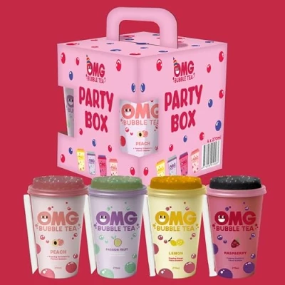 Image of OMG Bubble Tea Party Pack The Perfect Pop Raspberry, Peach, Lemon, and Passion Fruit A Flavorful Adventure (5 Boxes)
