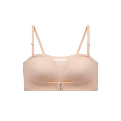 Image of FFWTPY Women Strapless Front Buckle Lift Bra Removable Padded Bandeau Seamless Wirefree Invisible Push Up Bralette Tube Tops Underwear with Convertible Straps Beige