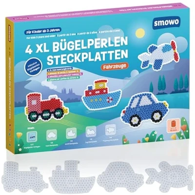 Image of Smowo® 10 mm Ironing Beads Plates Vehicles in Many Shapes Set of 4 Pegboards and Templates Large Pin for Children from 3 Years