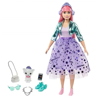 Image of Barbie Princess Adventure Doll in Fashion with Pet Puppy, 2 Pairs of Shoes, Tiara and 4 Accessories, for 3 to 7 Year Olds GML76