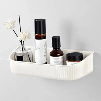 Image of YOHOM Adhesive Bathroom Caddy Organizer for Tile Wall Mounted Off White Stick on Shower Floating Shelf No Drilling Plastic Shampoo Holder