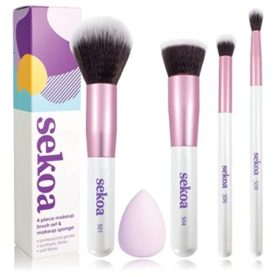 Image of Makeup Brush Set &amp; Beauty Sponge, Complete of Essential Brushes,Foundation, Concealer, Eye Blending, Foundation Blending White,Pink