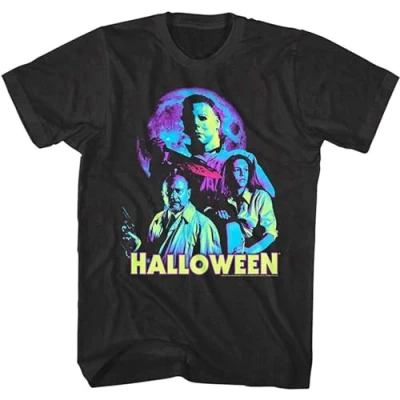 Image of Halloween Neon Moon Men&#039;s T Shirt Horror Movie Ensemble Michael Myers Killer Black S
