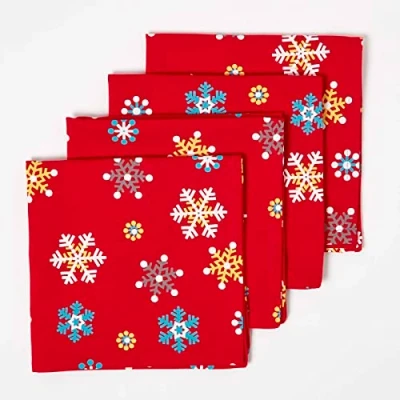 Image of HOMESCAPES Christmas 4 Napkins Set Red Snowflake X Mas design 100% Cotton White Green and Colour Washable at Home