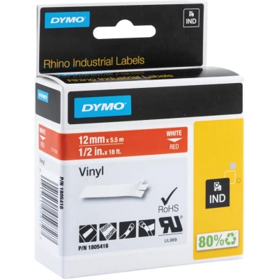 Image of DYMO Rhino Industrial Vinyl Labels 12 mm x 5.5 m White Print on Red Self Adhesive for LabelManager &amp; Label Makers