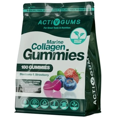 Image of Marine Collagen Complex 180 Gummies. Strawberry &amp; Blueberry Flavour. Resealable Recyclable Pouch. Contains Collagen, Vitamin C, Zinc Biotin. Suitable for Adults Kids Age 5+ by ActivGums®