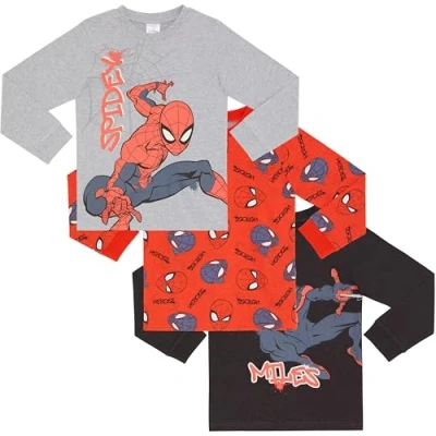 Image of Spider Man &amp; Miles Morales Three Pack 100% Combed Cotton Long Sleeved T Shirts Tops 3 4 Years 104cm Multicoloured