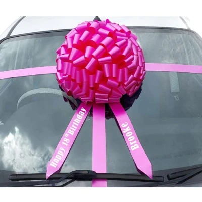 Image of AJ Party Store Personalised Large Gift Car Bow Giant For Birthday Presents Bikes Scooters Hand Made Wrapping Wedding Ribbon With Over 80 Loops 14 Inches (Pink)