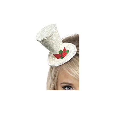 Image of Smiffys Mini Top Hat, White with Glitter, on Headband, Christmas Fancy Dress Accessory, Up Hats