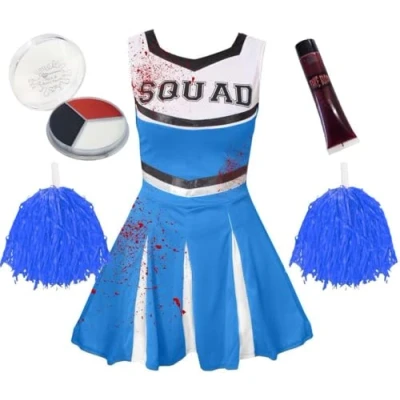Image of Girls Halloween Zombie Cheerleader Large Blue Cheer Dress, Pom Poms, Fake Blood, Facepaint Fancy Dress Costume