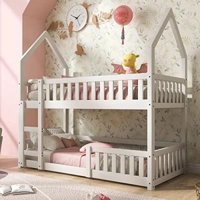 Image of BTM Kids Bunk Bed, Solid Wood Bed Frame 3FT Single, Twin Sleeper with Ladder, Gaming Castle shaped 90 x 190 cm Children&#039;s room Furniture, Wooden for Children (White)