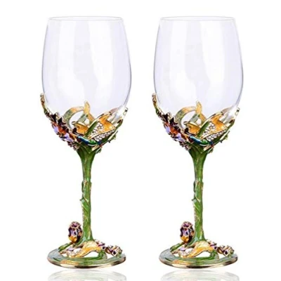 Image of YBK Tech Handmade Enamel Craft Crystal Red Wine Glasses Set of 2 in Gift Box, Iris Design (Green)