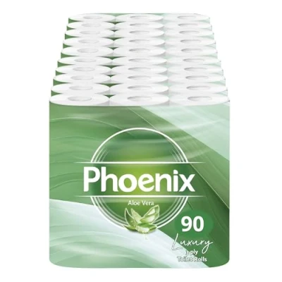 Image of Phoenix Soft Luxury Toilet Rolls Bulk Buy Aloe Vera Fragranced Paper Quilted White 3 Ply Pack of 90 Tissue (9x2x2 Packs) 150 Sheets per roll (13,500 Sheets)