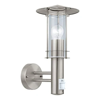 Image of Eglo Outdoor Wall Light Lisio, External Porch Lighting with Motion Sensor, Lantern Made of Stainless Steel and Clear Glass, Silver Outside lamp E27 Socket, IP44
