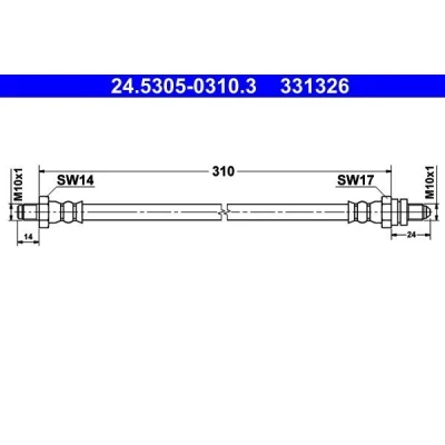 Image of 1129032, 6125634, 85GB2078AA, YS612282AD Brake Hose ATE 24.5305 0310.3 310mm FORD: FIESTA 4, Sierra Mk2 Saloon, SCORPIO 1