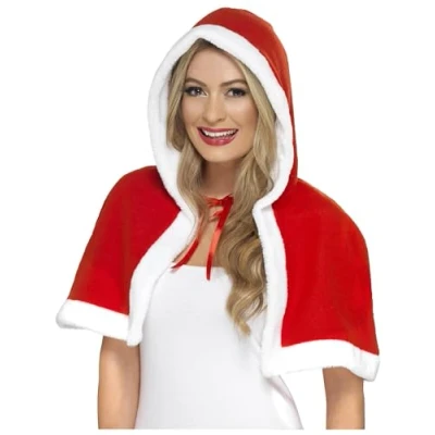 Image of Smiffys Miss Claus Mini Cape, Red , Christmas Fancy Dress Accessory, Xmas Up Accessories