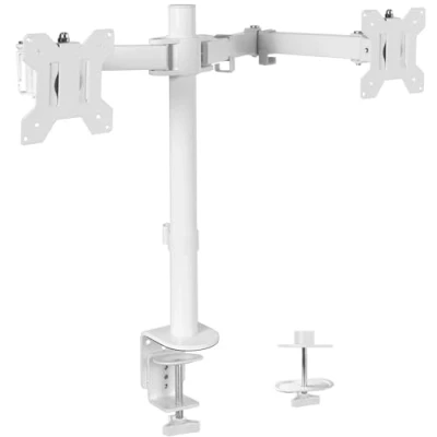 Image of VIVO White Dual 13 to 27 inch LCD LED Monitor Desk Mount STAND with C clamp and Bolt Through Grommet, Heavy Duty Fully Adjustable Arms for 2 Screens V002W
