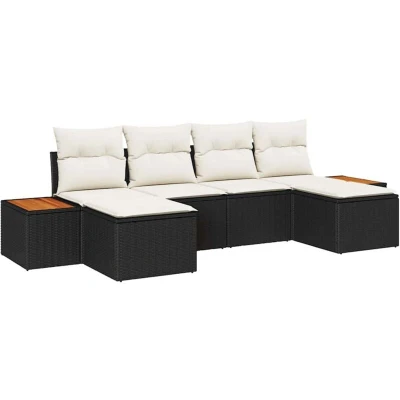Image of vidaXL 6 Piece Garden Sofa Set with Cushions Black Poly Rattan Acacia