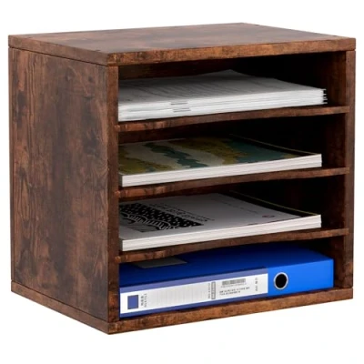 Image of EasyPAG Wood Desktop 4 Tier A4 in Tray Office Desk Tidy File Holder Paper Organiser Magazine Storage Filing Rack,Brown
