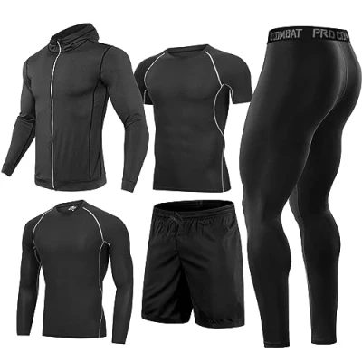 Image of 5Pcs Gym Clothes Men Tracksuit Sets Running Wear Compression Shirts Sleeve Tops Jackets Long Suits Leggings Shorts Sports Activewear for Athletic Workouts XL Black