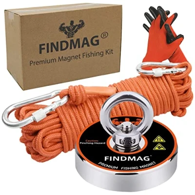 Image of Magnet Fishing Kit, Strong 500 LB(227 KG) Pulling Force Round Neodymium Magnets, River for &amp; Salvage in River, with 65 ft(20 m) Nylon Rope Carabiner Hand Gloves
