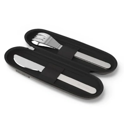 Image of MONBENTO Nomades Cutlery MB Slim Nest Trio Knife Black Lunch Box with Case Ideal for Office Eating/Picnic Reusable Stainless Steel Fork, Spoon,