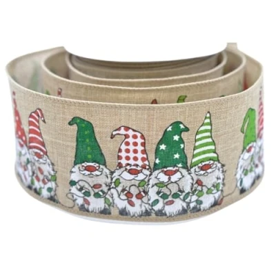 Image of Crafty Capers Gonk Trio 63mm Wide Wire Edged Hessian Christmas Ribbon 10m Reel