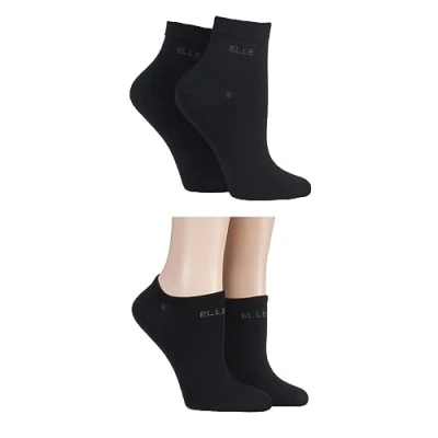 Image of Elle Ladies Patterned and Plain Assorted Sock Styles including Anklets, No Show, Trainer Regular Bamboo Socks in a Multipack of 4 Anklet/No Show Black 8