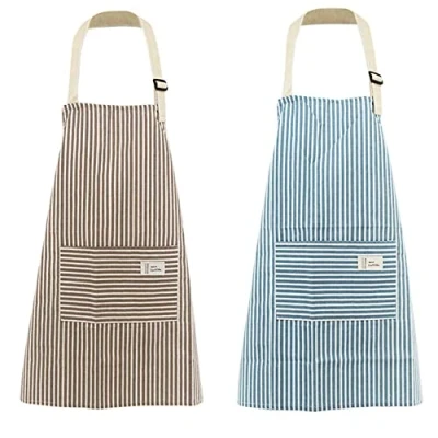 Image of Woman Apron with Pockets, 2 Pieces Blue and Coffee Stripe Adjustable Cotton Linen Kitchen Chef Bib for Cooking, BBQ, Baking, Gardening, Household Cleaning, Restaurant
