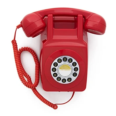 Image of GPO 746 Wall Mounted Push Button Telephone Retro Landline Phone, Curly Cord, Authentic Bell Ring Red