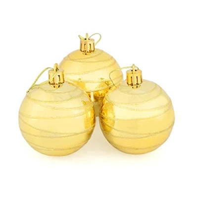 Image of Mr Crimbo Set Of 10 Small Round Christmas Tree Baubles Shiny Mirror Finish With Swirl Design, Gold 6cm