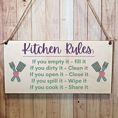 Image of Second Ave Funny Joke Kitchen Rules Wooden Hanging Gift Rectangle Sign Plaque
