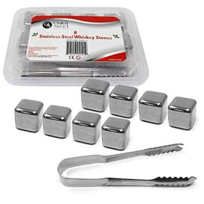 Image of Set of 8 Stainless Steel Whisky Stones Reusable Whiskey Ice Cubes with Freezing Tray &amp; Tongs Birthday Gift for Men