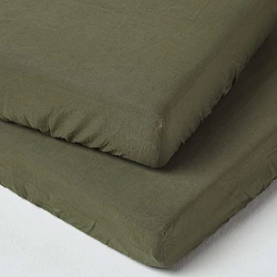 Image of HOMESCAPES Soft Linen Dark Green Cot Fitted Sheets 120 x 60 cm 2 Pack Textured Natural French Flax Fibre &amp; Pure 100% Cotton with Fully Elasticated Skirt Hypoallergenic Easy Care
