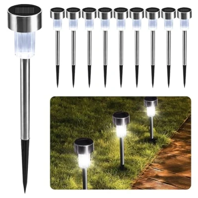 Image of CUQOO Solar Garden Stake Lights 10pcs LED Waterproof Rechargeable Stainless Steel for Pathway Lighting Outdoor (White)