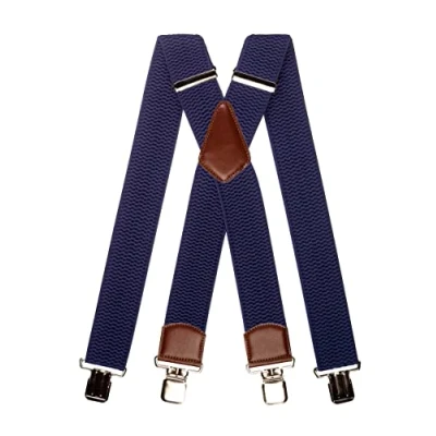 Image of Olata Men&#039;s Extra Wide Heavy Duty X Shape Braces/Suspenders with Brown Leather 5cm. Blue