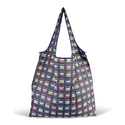 Image of BRISA VW Collection Volkswagen Reusable Polyester Shopping Bag Grocery Sack with T1 Bus Campervan Motif (Samba Stripes/Multicolor)