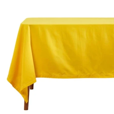 Image of HOMESCAPES Yellow Cotton Tablecloth 4 to 6 Seater Rectangular 137 x 178 cm (54 70 Inches) Washable Hand Woven 100% Plain with Decorative Ladder Stitch Edge