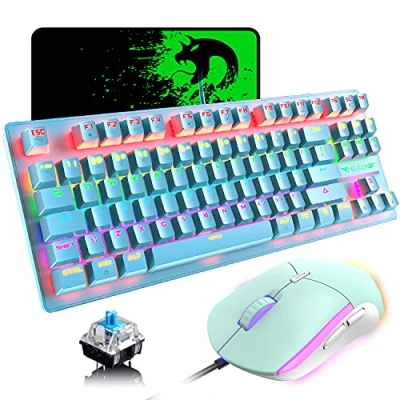 Image of K2 UK Layout Gaming Keyboard and Mouse Set, TKL 80% Percent Wired Mechanical 88 Keys Clicky Optical Blue Switch Rainbow Backlit + Lightweight PS4 Mice Pad For PC/MAC (Blue)