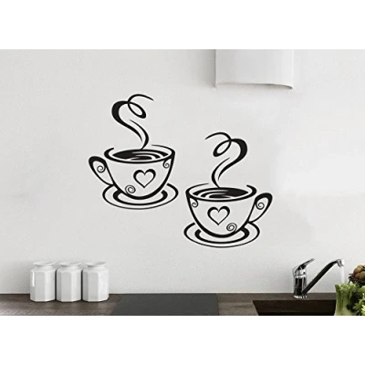 Image of Kitchen Wall Sticker Love 2 Coffee Tea Cups Vinyl Removable Mural Decal Art Restaurant Pub Decor Tatoo Decoration by Wall4stickers