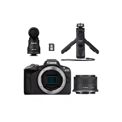 Image of Canon EOS R50 Mirrorless Camera Content Creator Kit 24.2MP, APS C,15fps Wi Fi &amp; Bluetooth 4K 30p Video Compact, Portable for Travel Vlogging Includes Lens, Tripod, Microphone more