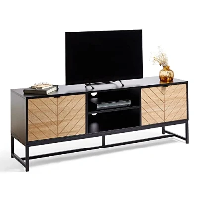Image of VonHaus Black TV Unit Chevron Stand Cabinet with Light Wood Effect For TV&#039;s up to 65&quot; Industrial Entertainment w/Storage Cupboards &amp; Shelving 50kg Capacity Living Room Dalton